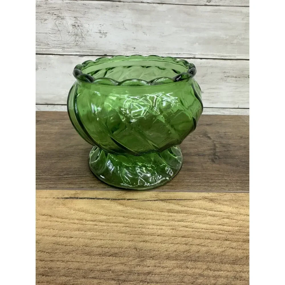 Vintage Emerald Green Glass Thumbprint Pedestal Candy Dish Bowl Planter